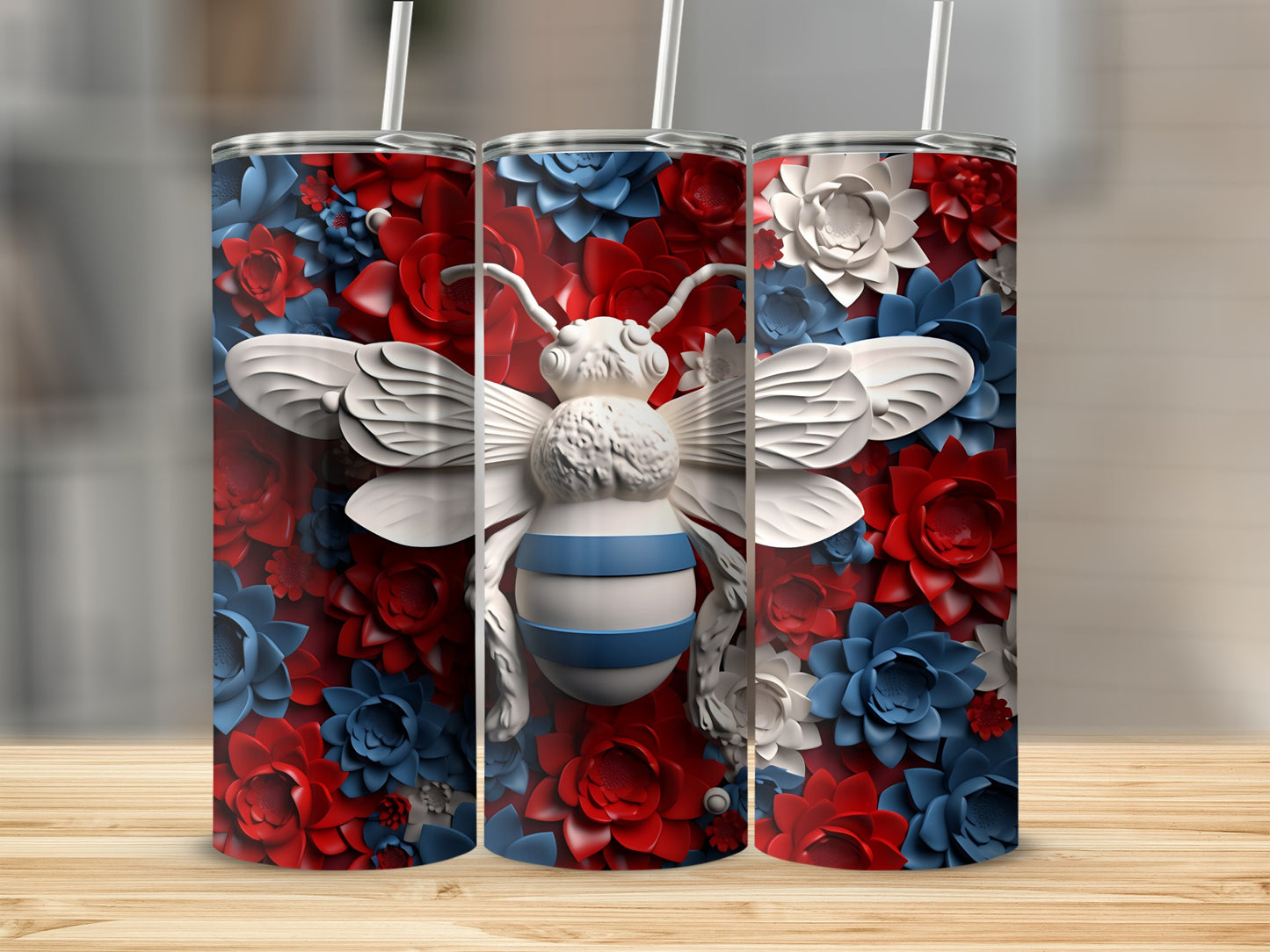 Tumbler with 3D bee and red, white, blue floral design.