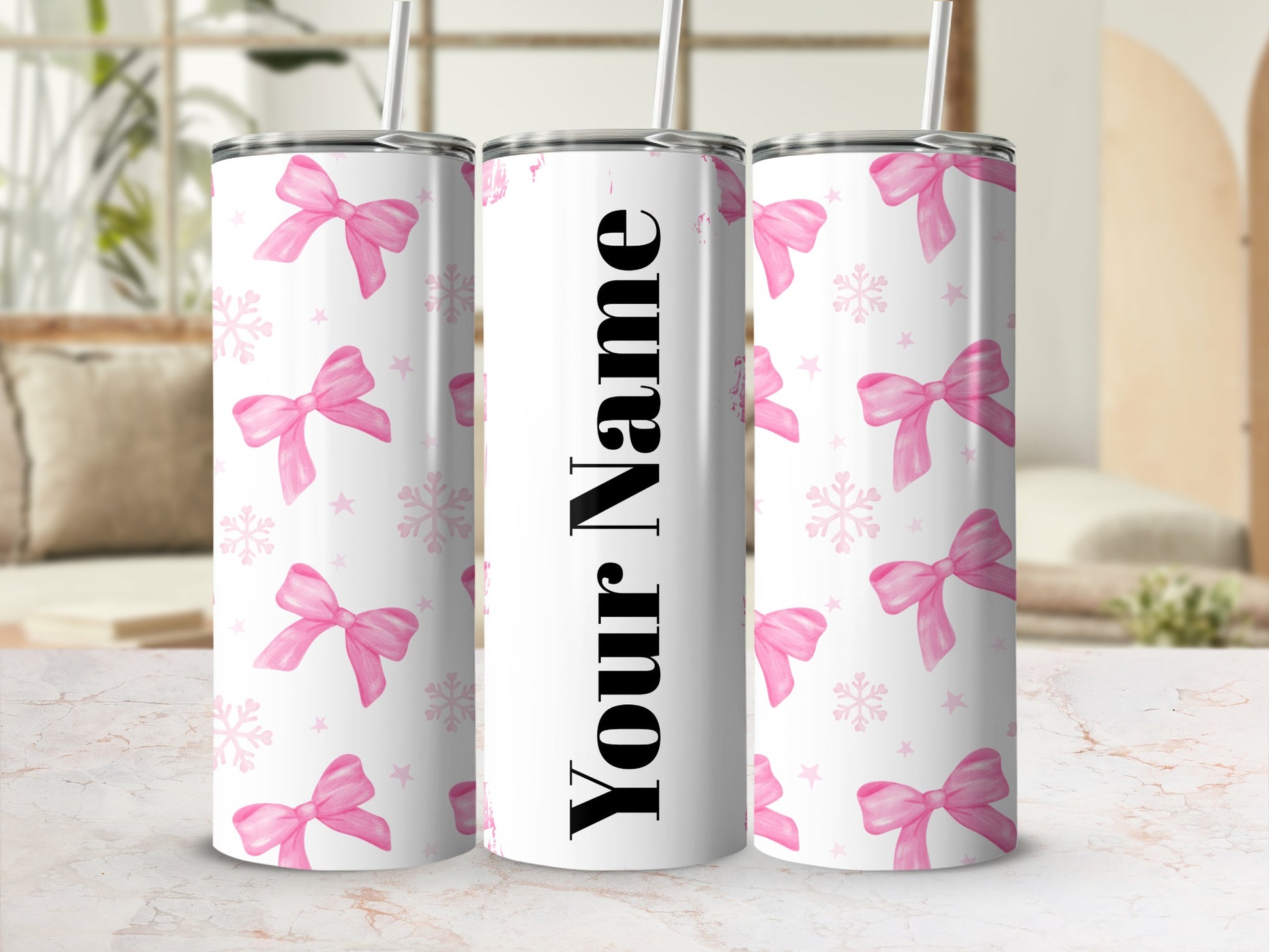 Personalized Pink Bows Tumbler with Reusable Straw