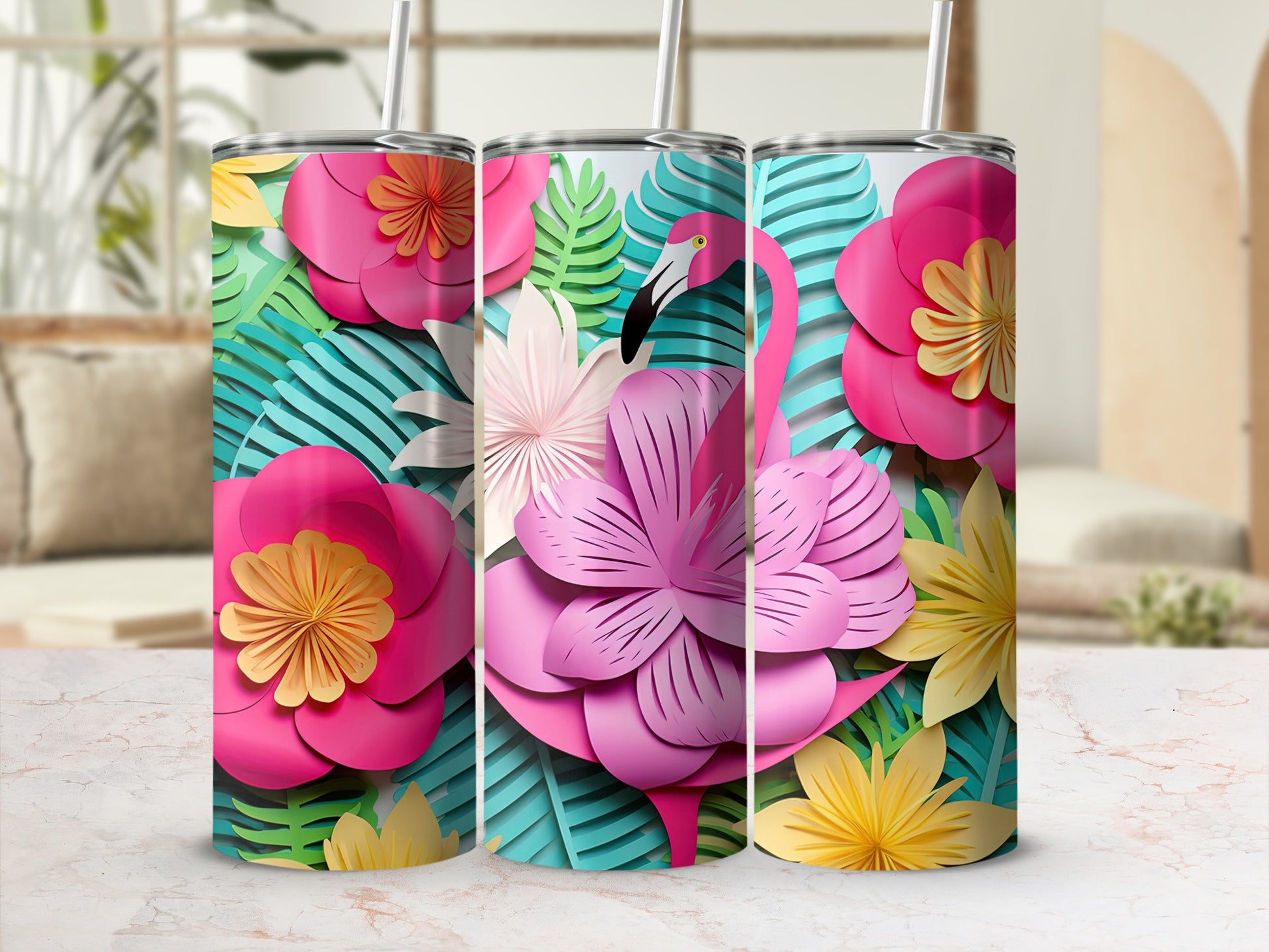 Floral and Flamingo Art Print Tumbler
