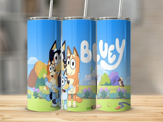 Bluey characters Bandit, Chilli, Bingo, and Bluey on a tumbler.