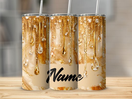 Three tumblers with gold glitter drips and clear drop accents, one says "Name".