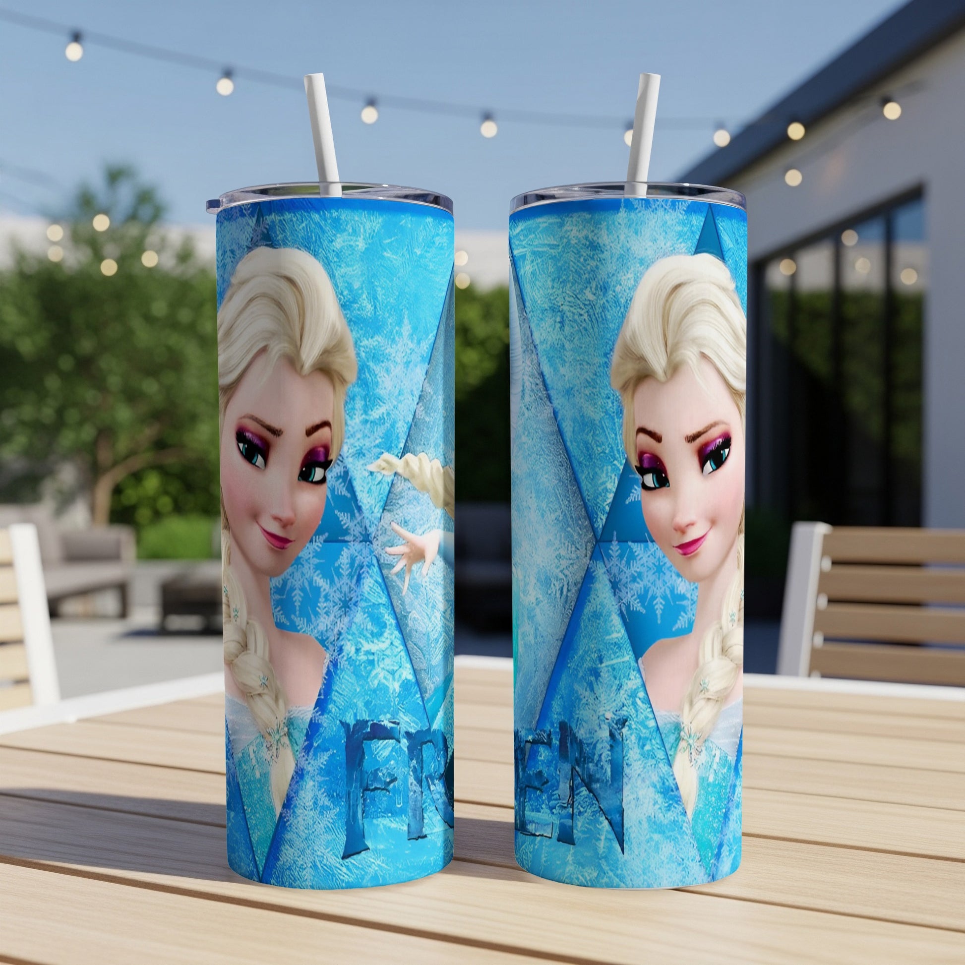 Two tumblers featuring Elsa from Frozen against a blue, icy background.