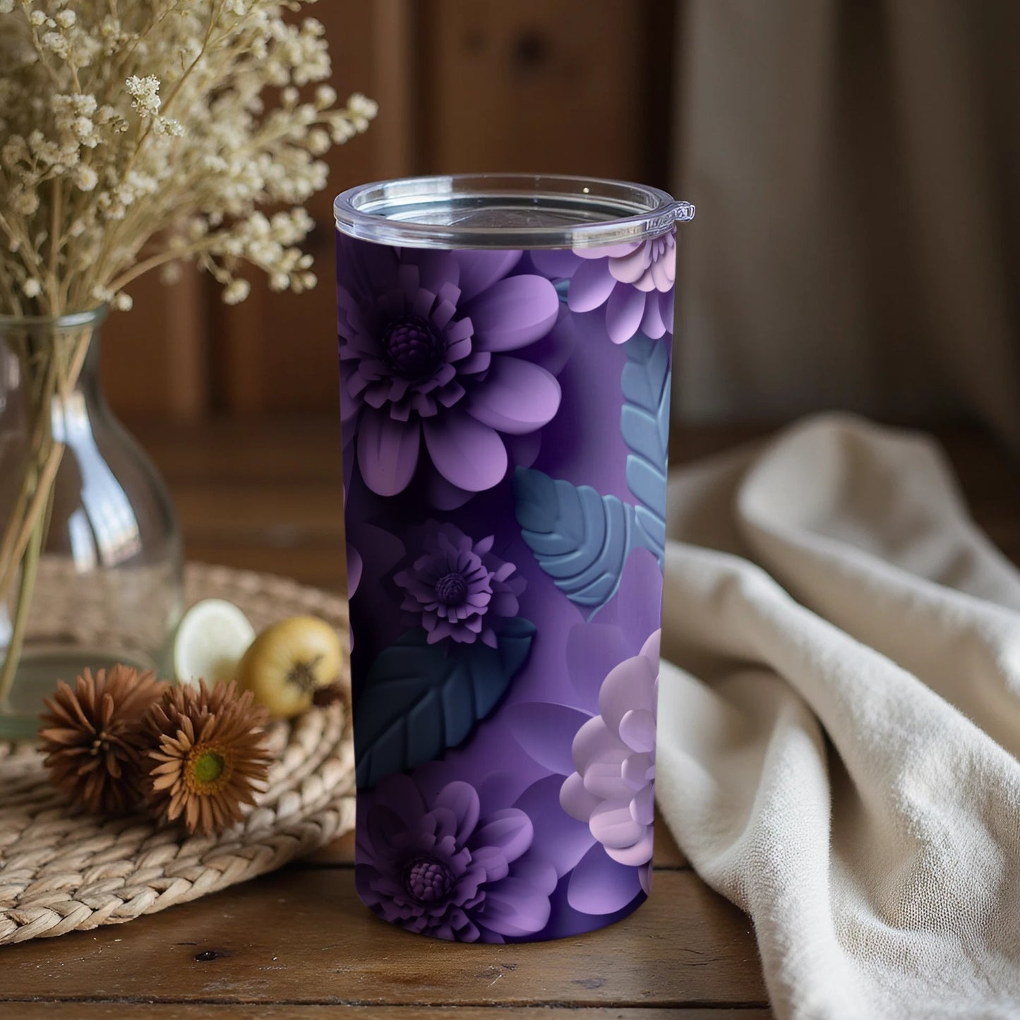 Purple Floral Patterned Insulated Tumbler Cup