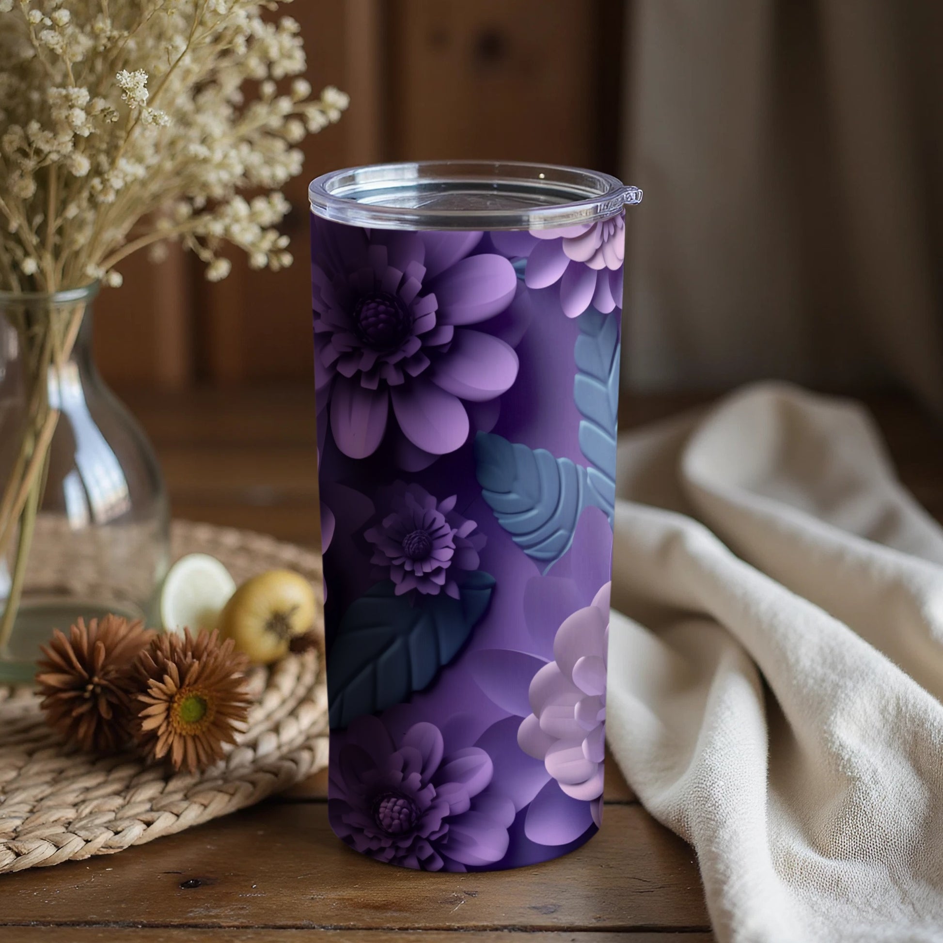 Purple Floral Patterned Insulated Tumbler Cup