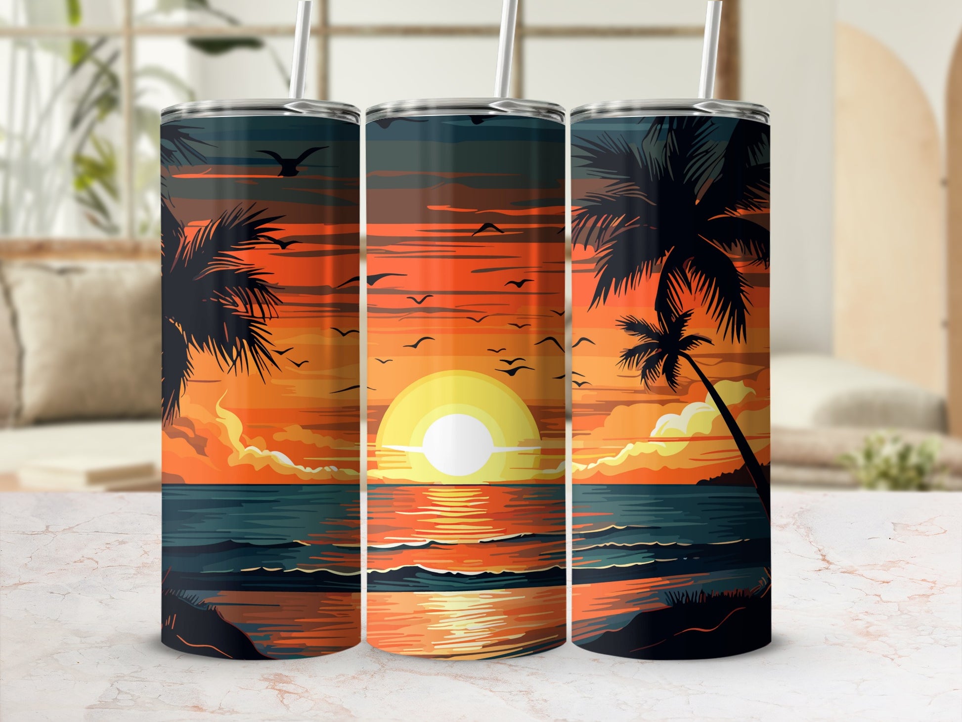 Sunset Beach Scene Art Tumblers Coastal Drinkware
