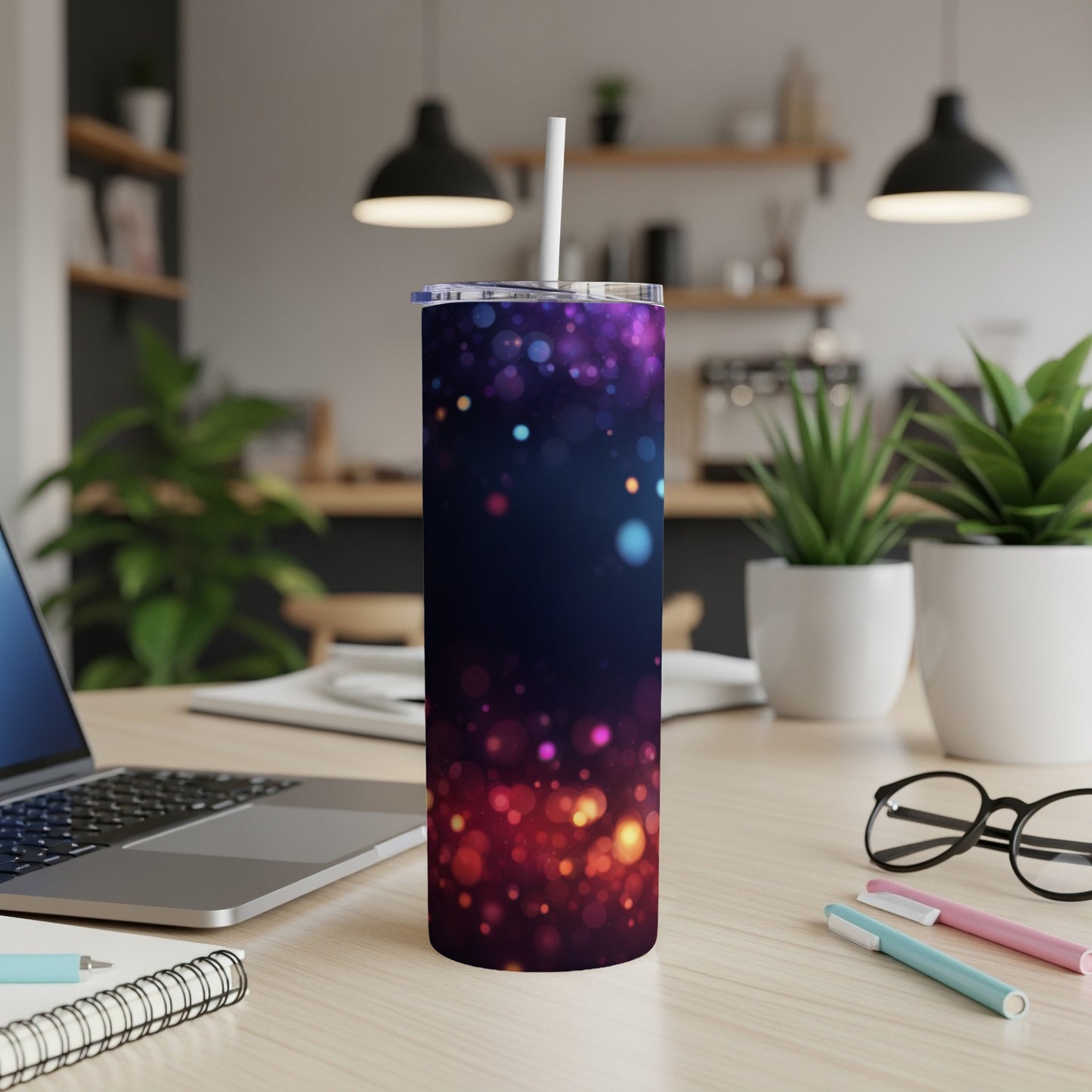 Dark tumbler with colorful bokeh lights and a white straw.