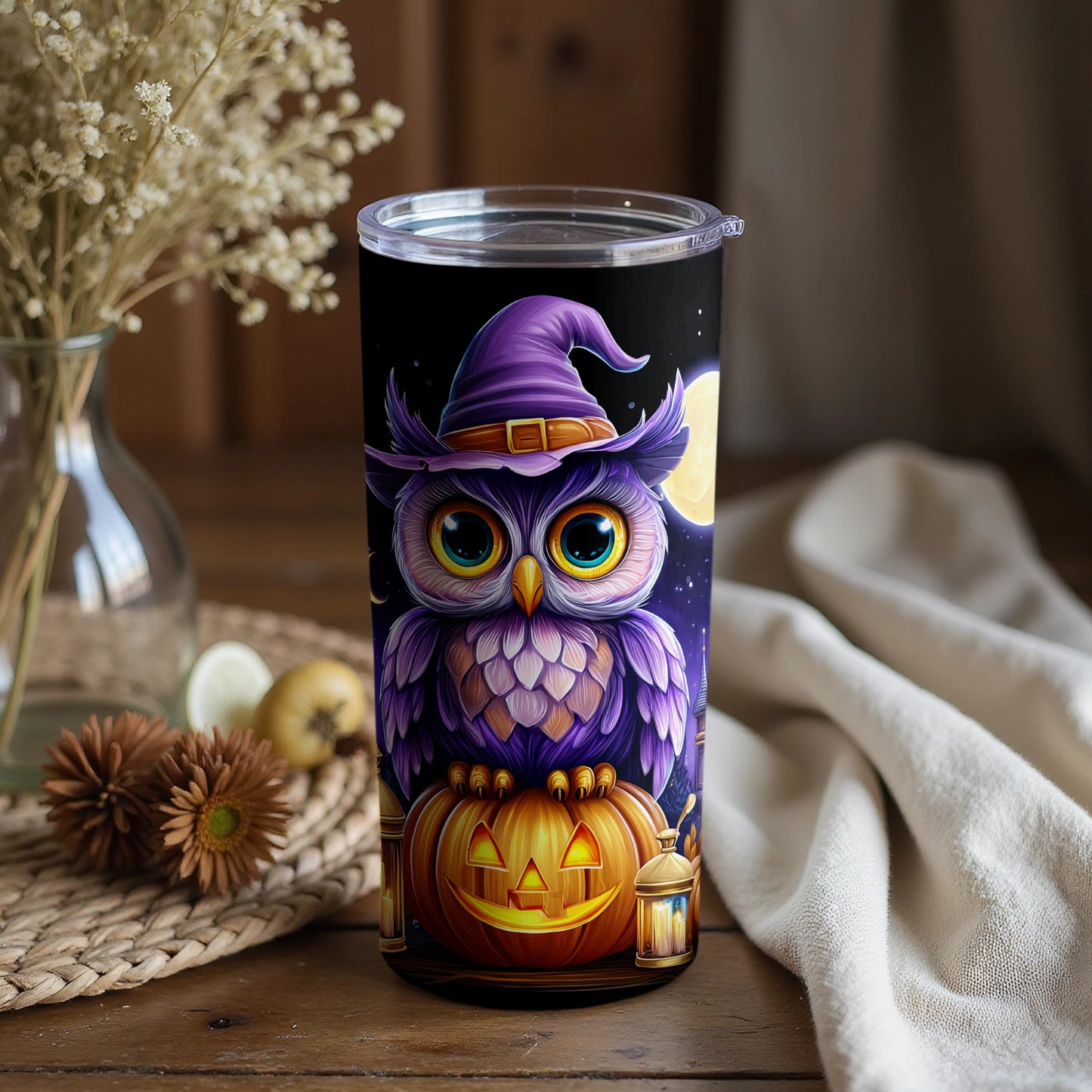 Cute Purple Owl with Witch Hat Tumbler for Halloween
