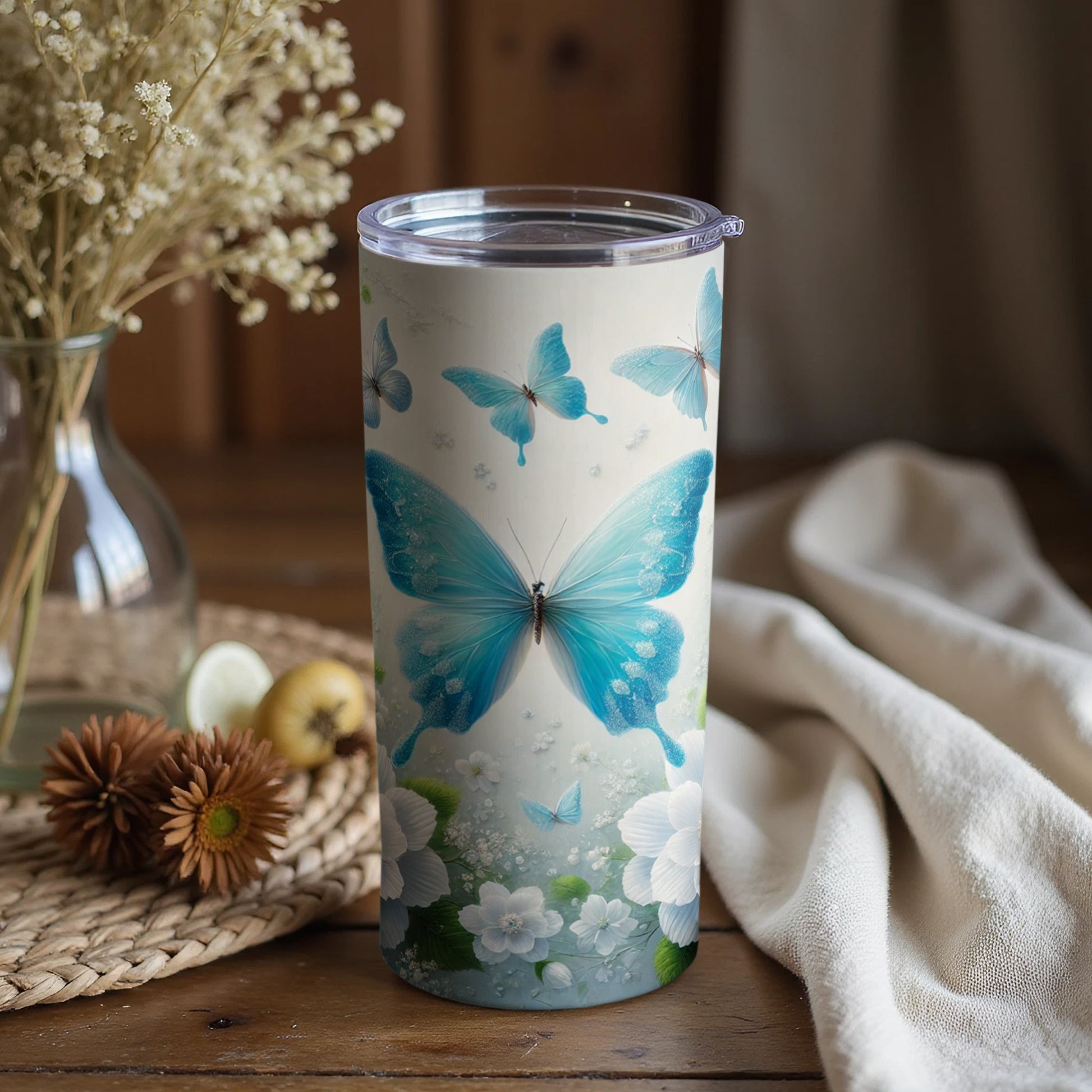 Stunning Floral and Blue Butterfly Travel Tumbler