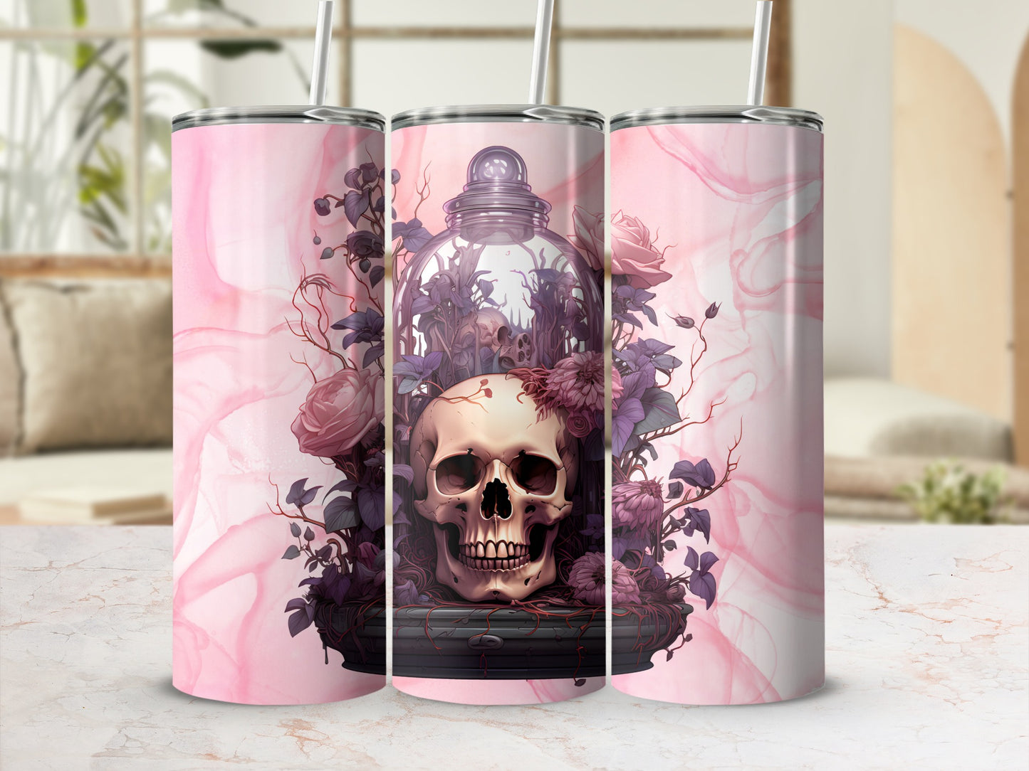 Skull and Flowers Design on Pink Tumbler Cup