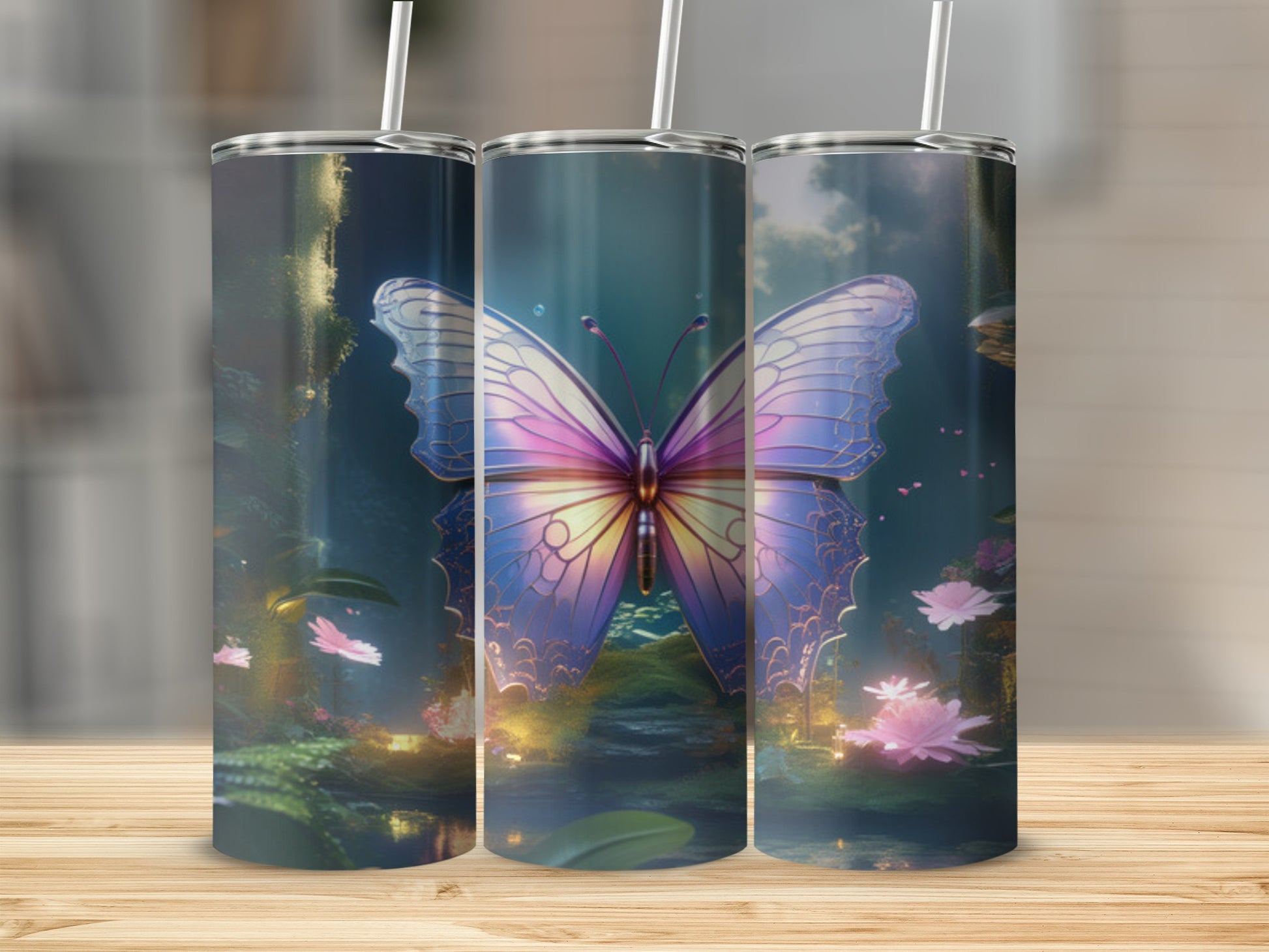 Tall tumbler with a purple and pink butterfly in a mystical forest setting.
