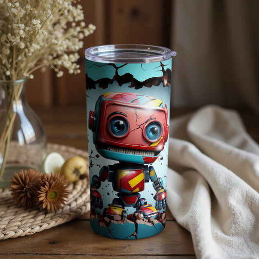 Adorable Robot Art Travel Tumbler with Crackle Design