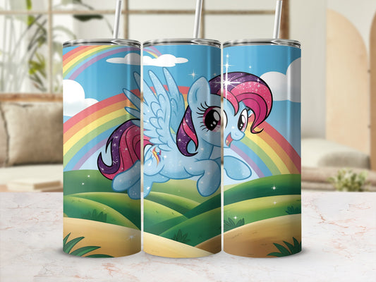 Blue winged pony with rainbow mane jumping through a field.