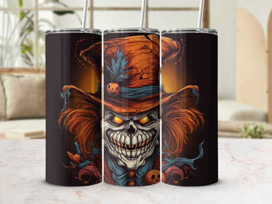 Three tumblers featuring a scary clown with a large hat and glowing eyes.