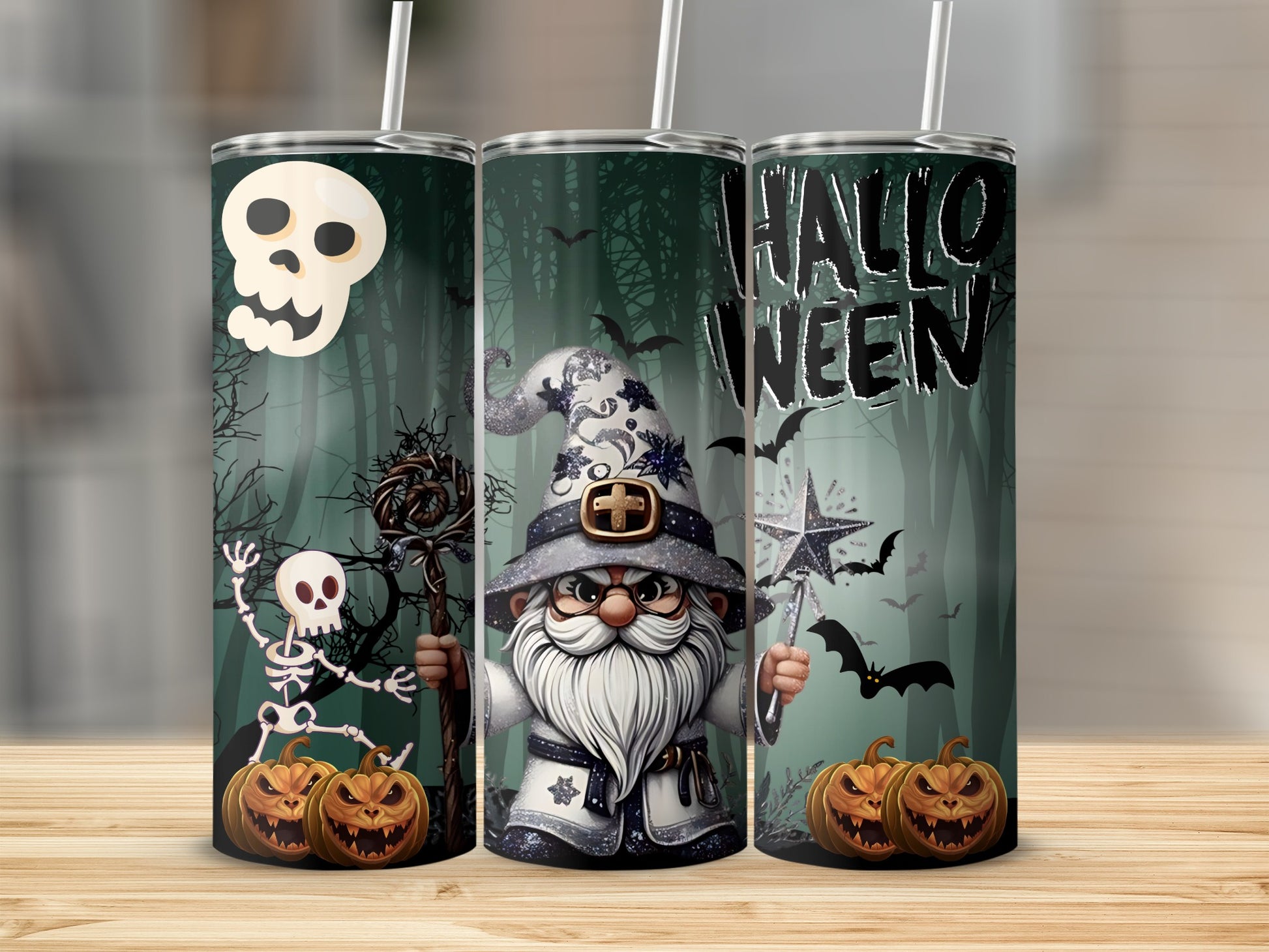 Halloween Themed Tumbler with Gnome Skeleton and Pumpkins