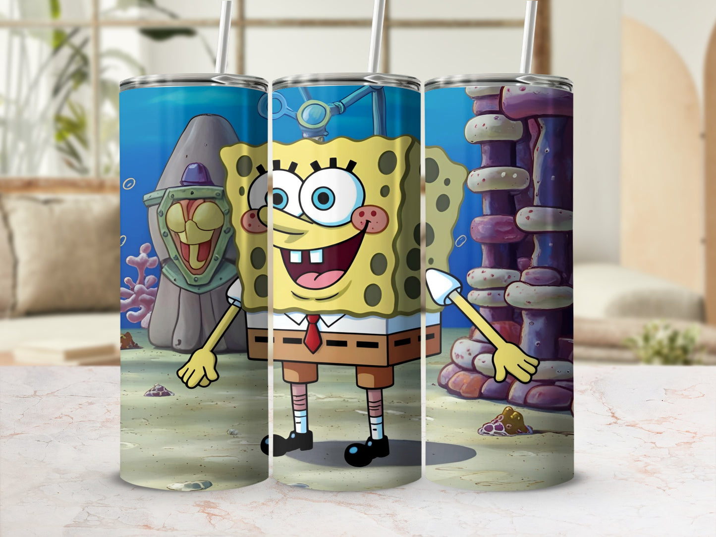 SpongeBob SquarePants tumbler with underwater background.