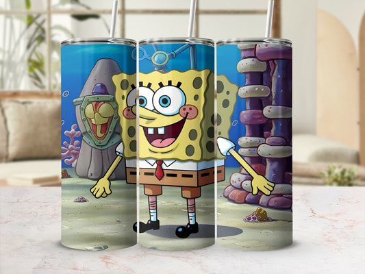 SpongeBob SquarePants tumbler with underwater background.