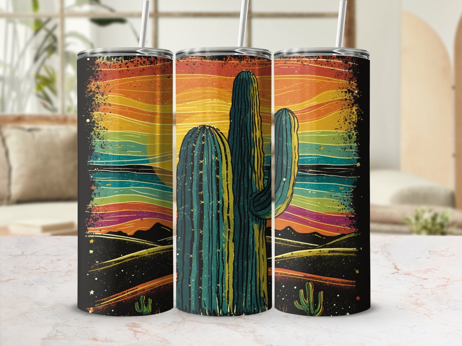 Tall saguaro cactus against a colorful striped desert sunset background.