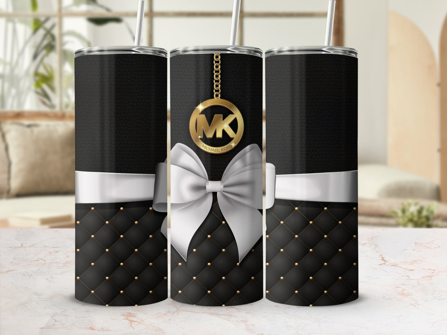 Quilted Black Tumbler with Elegant Gold and Bow Design