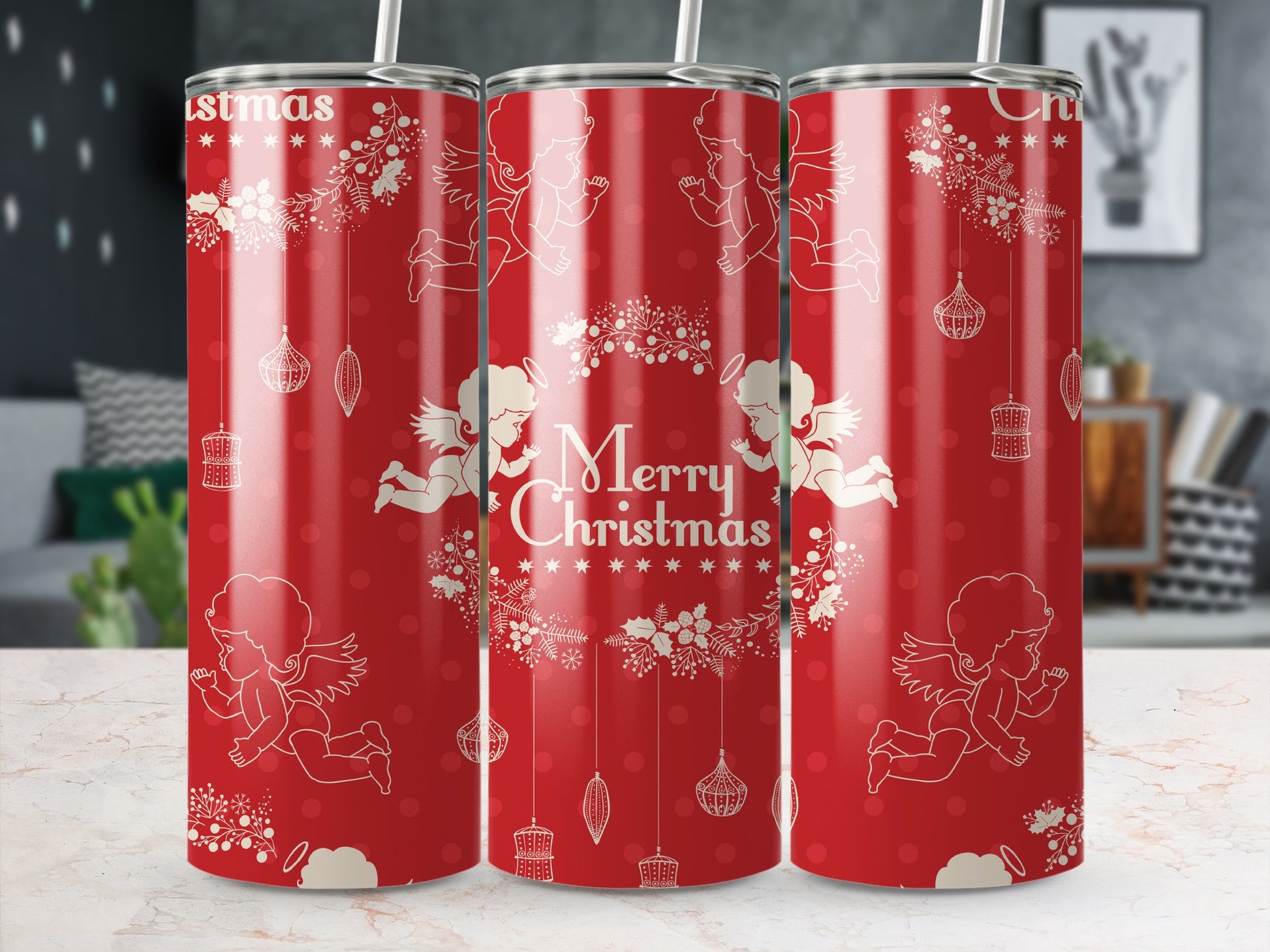 Red tumbler with white angels, stars, and "Merry Christmas" text.