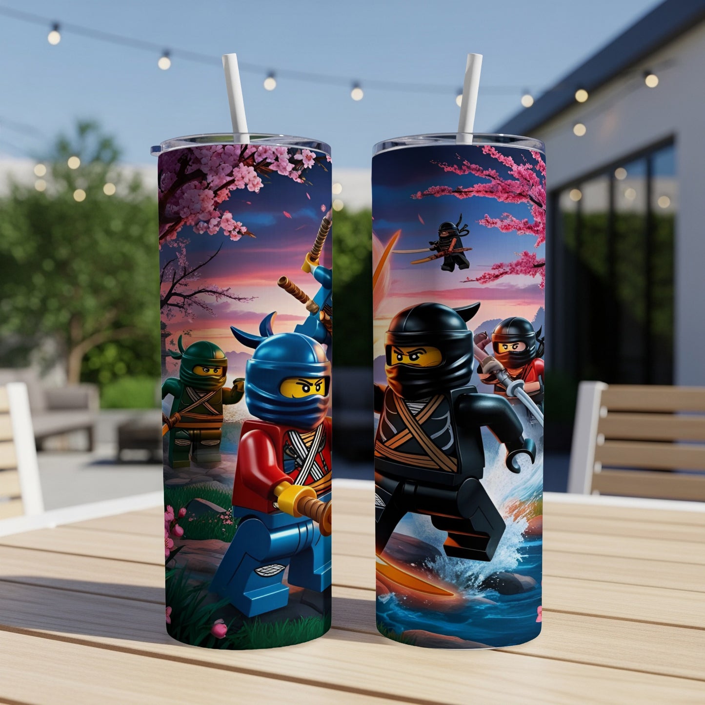 Ninjago characters on a tumbler with cherry blossoms and water background.