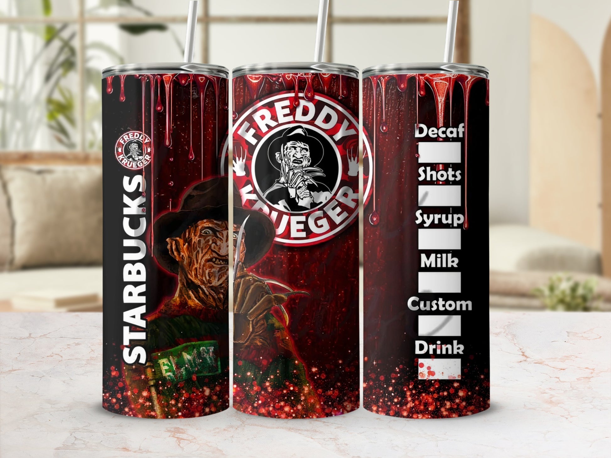 Freddy Krueger Starbucks tumbler with custom drink options.