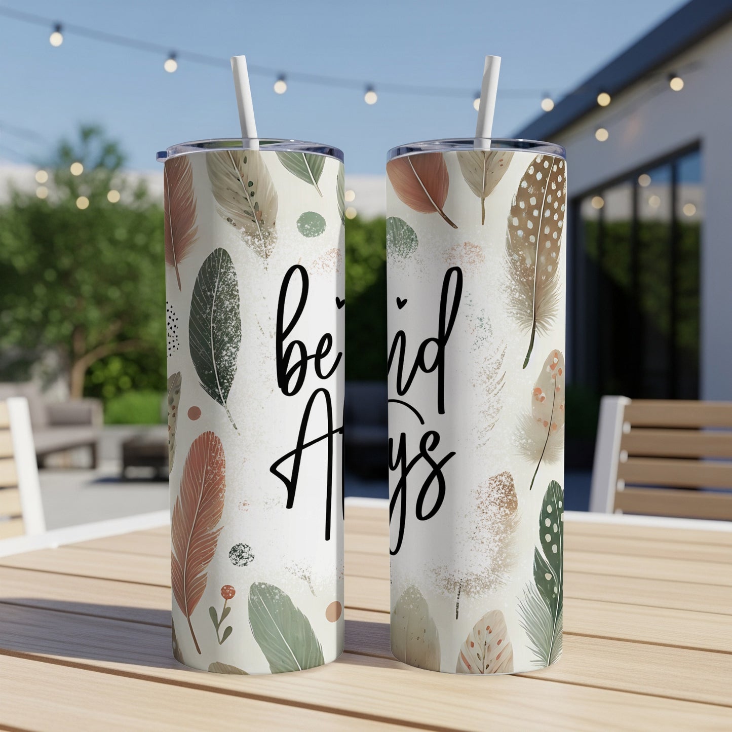 Two tall, speckled tumblers with feather patterns and the phrase "be kind always".