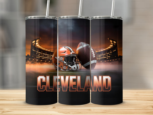 Cleveland Browns football helmet and ball on stadium background.