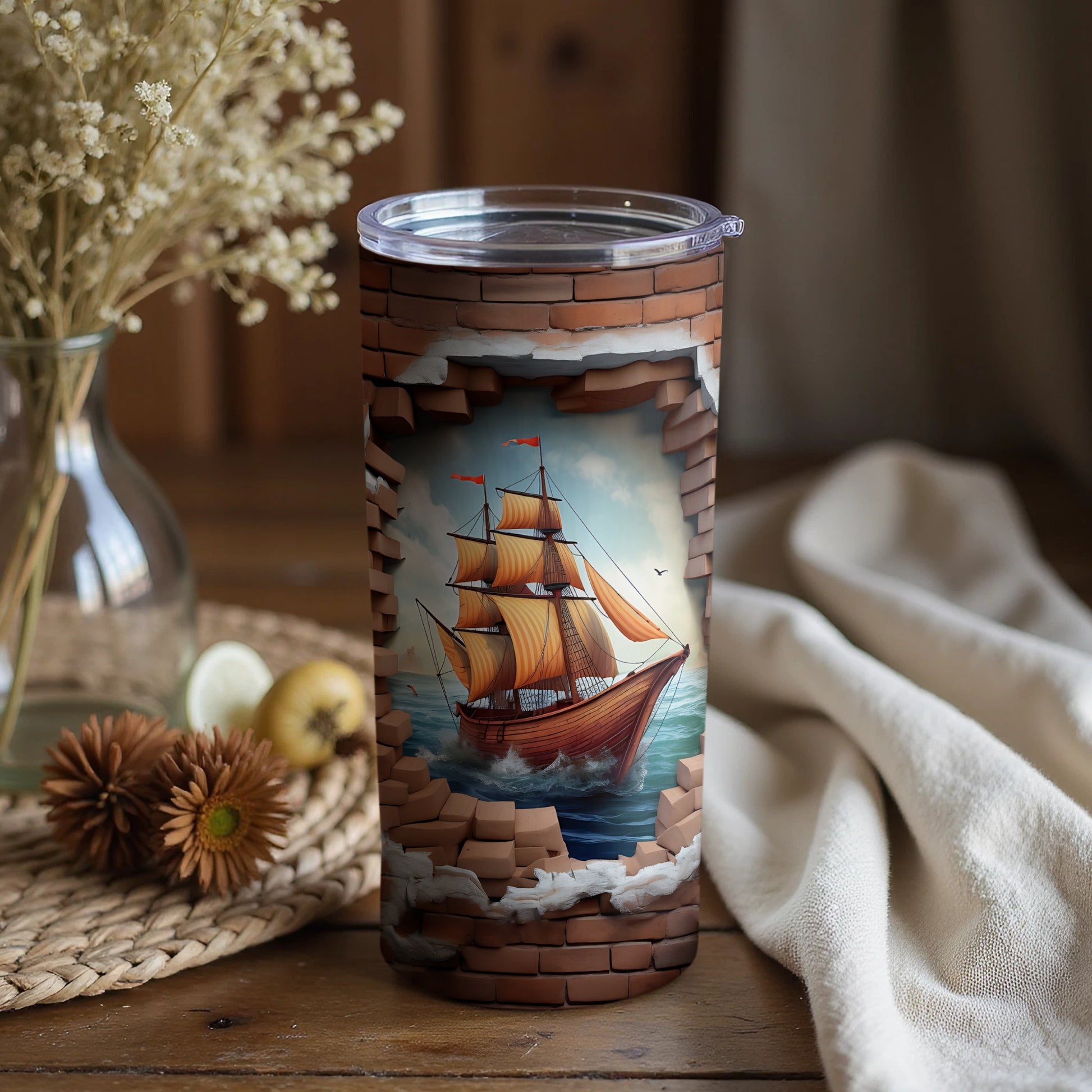 Vintage Sailing Ship Illustration Tumbler Flask