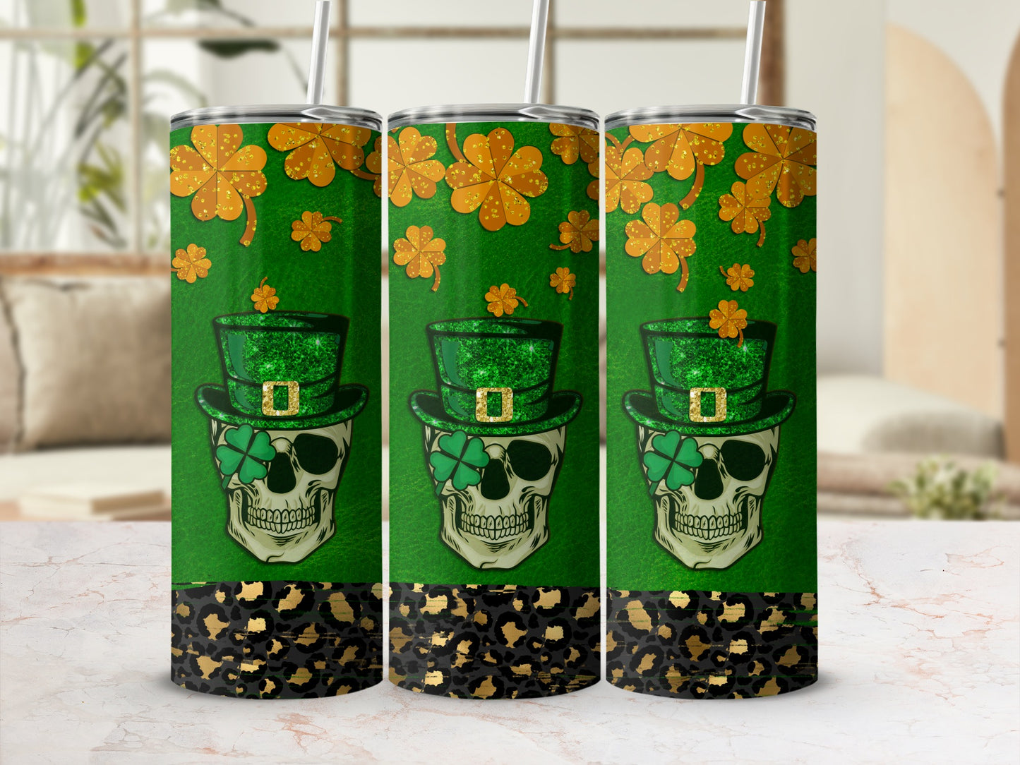 Skull wearing leprechaun hat with shamrocks and leopard print pattern.