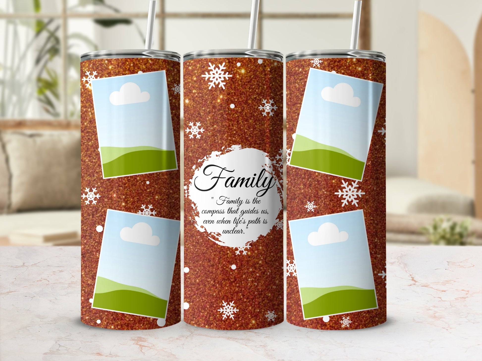 Glittery brown tumbler with snowflakes, photo placeholders, and "Family" quote.