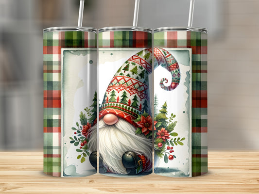 Gnome with Christmas hat, plaid background, and floral accents.
