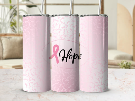 Pink ribbon pattern tumbler with "Hope" text on middle section.