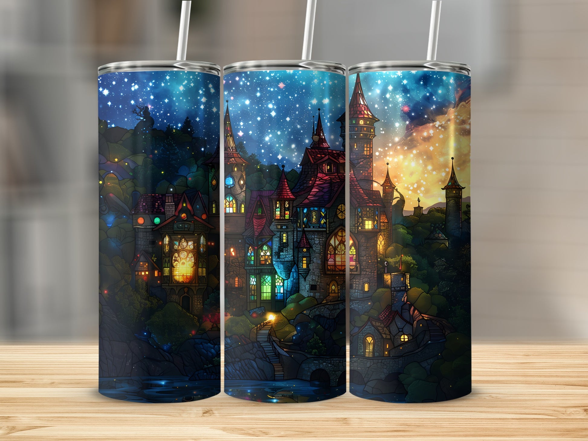 Fantasy castle village with glowing windows under a starry night sky.