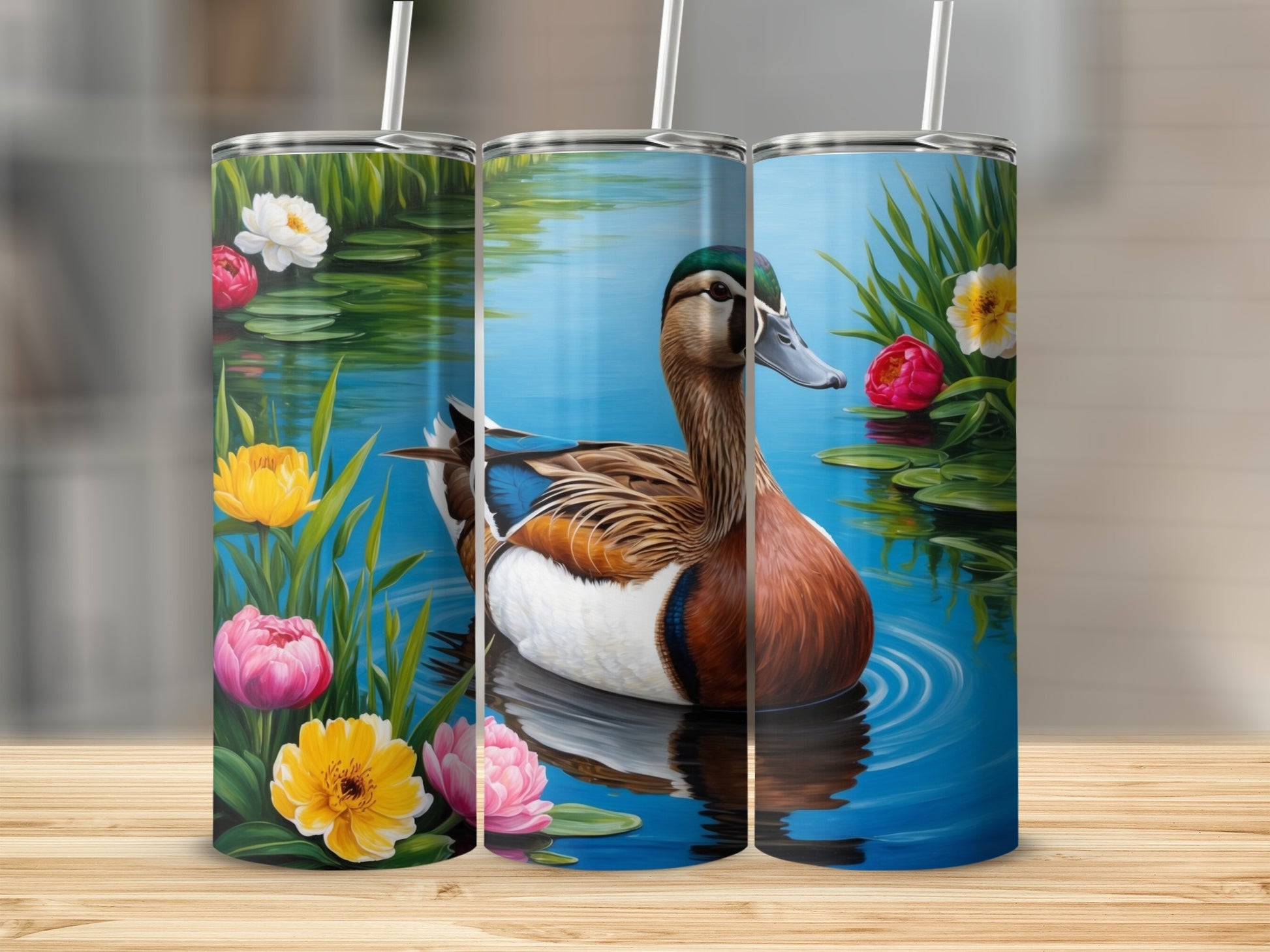 Mallard duck on water with colorful flowers and lily pads.