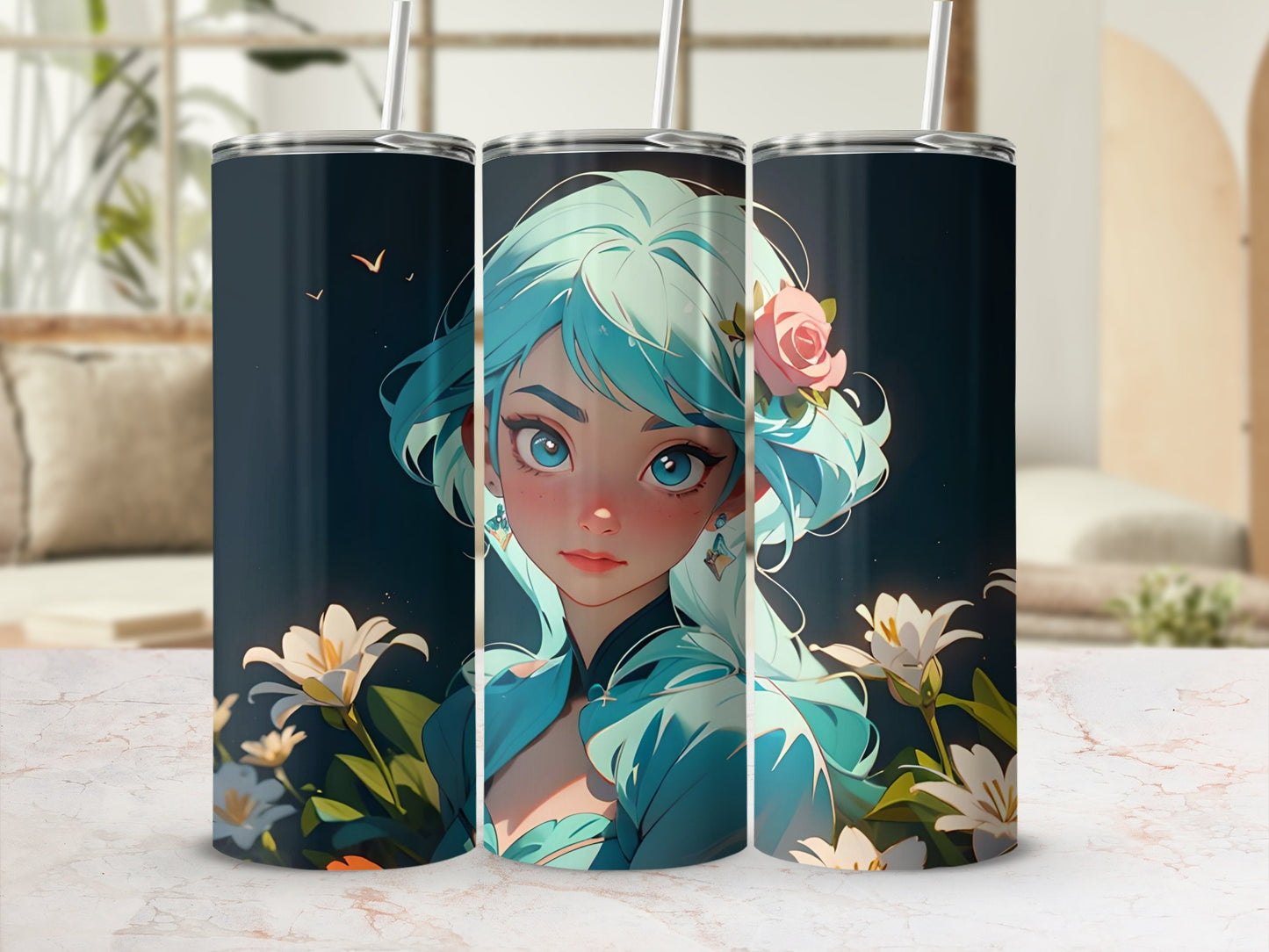 Enchanting Blue-Haired Girl Art on Tumbler Cup