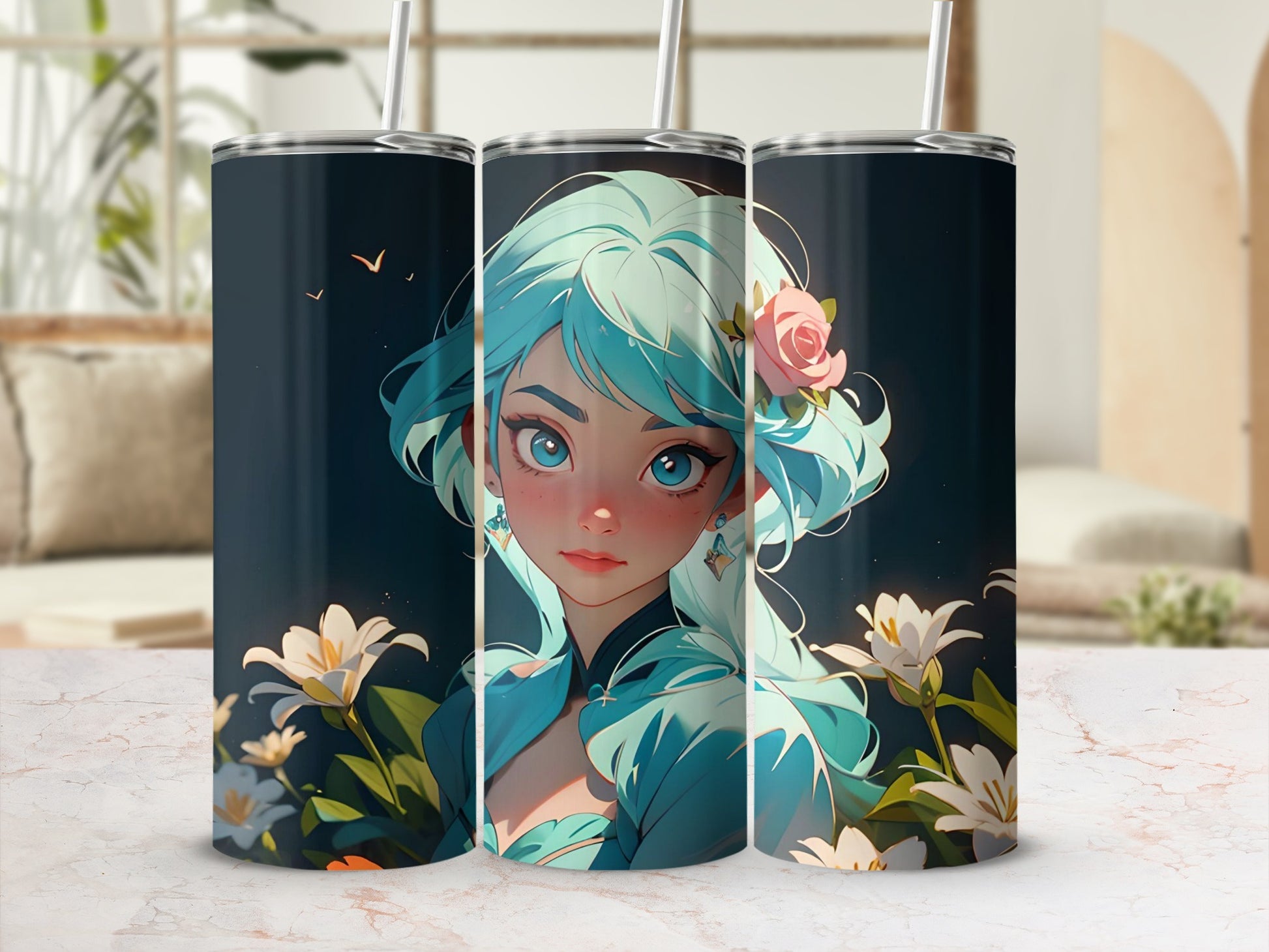 Enchanting Blue-Haired Girl Art on Tumbler Cup