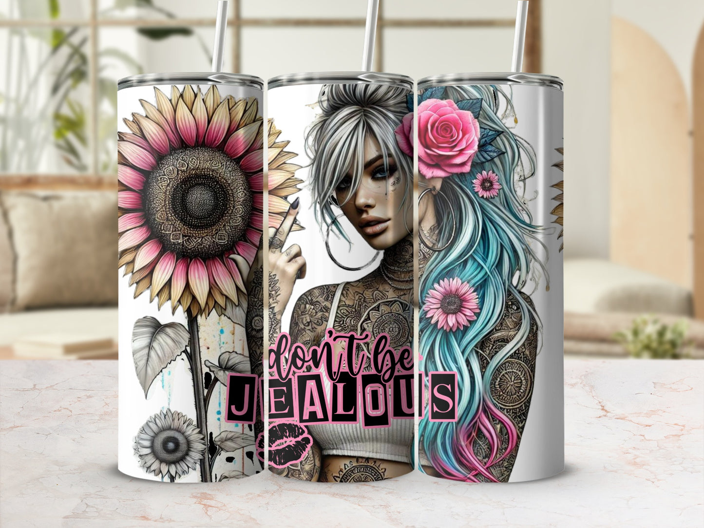 Sunflower and tattooed woman with pink and blue hair, "don't be jealous" text.