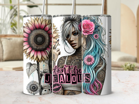 Sunflower and tattooed woman with pink and blue hair, "don't be jealous" text.