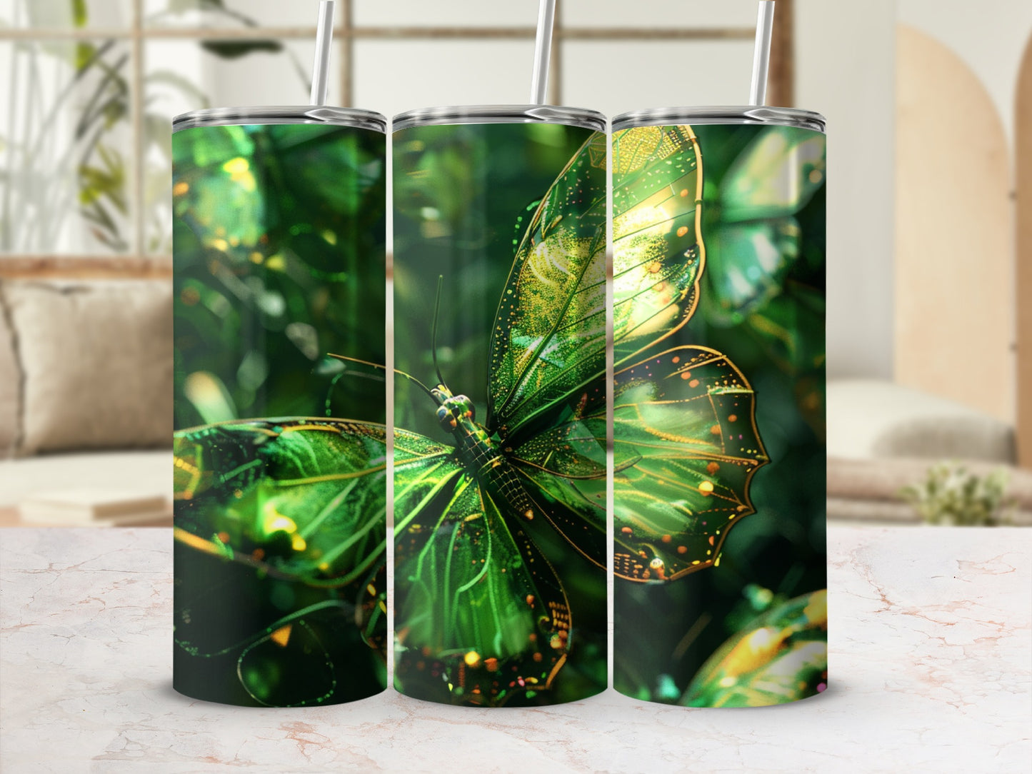 Green iridescent butterfly tumbler with straw on marbled surface.