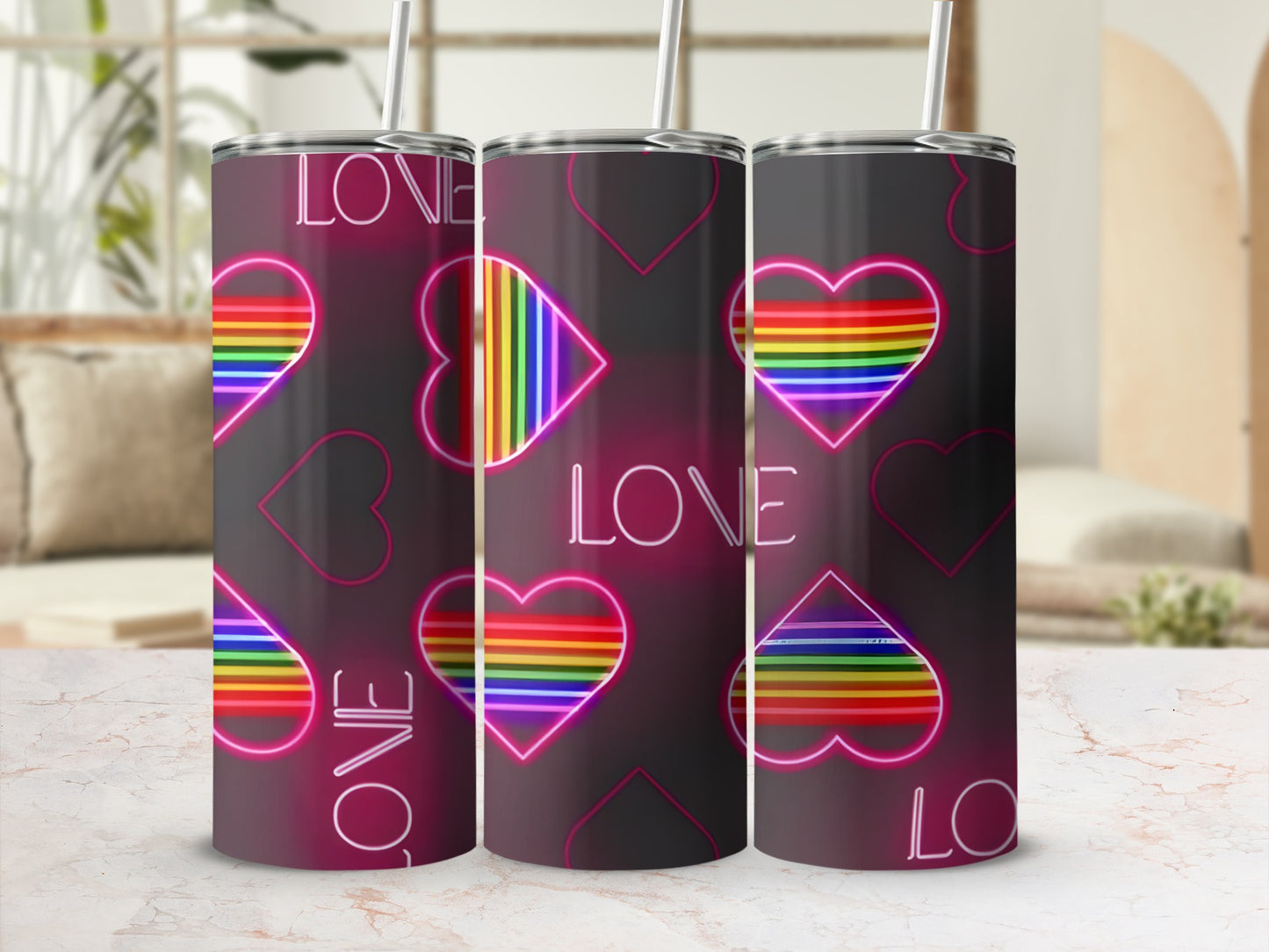 Rainbow heart tumblers with "LOVE" text.