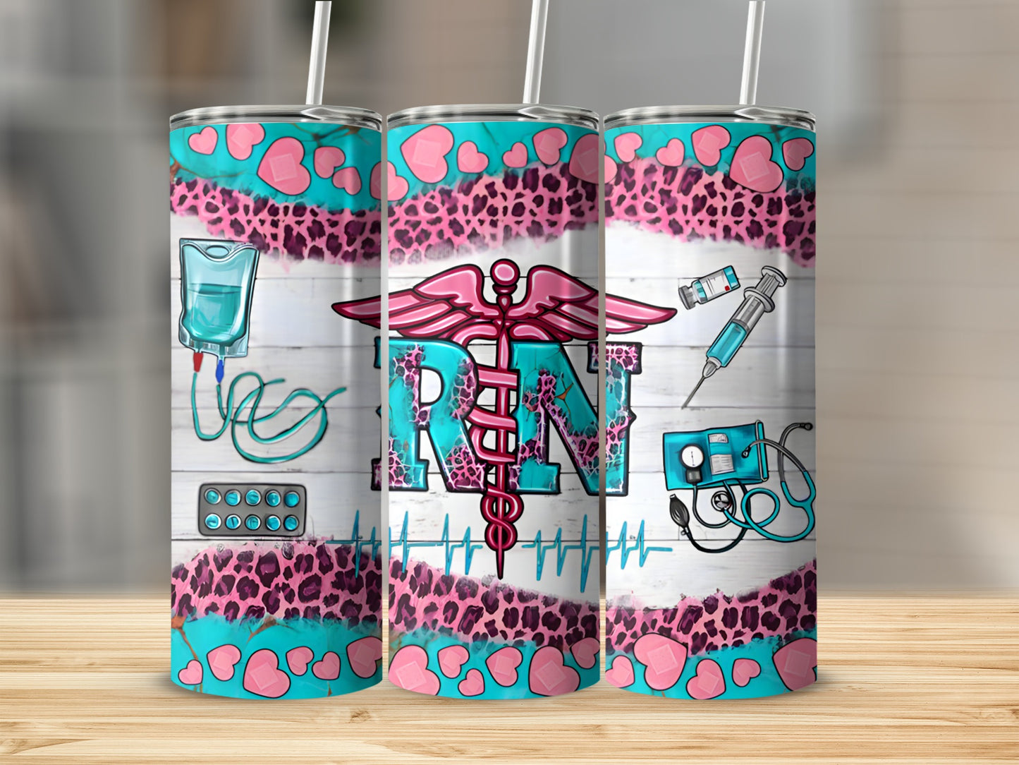 Tumbler with teal, pink leopard print, hearts, and medical icons.