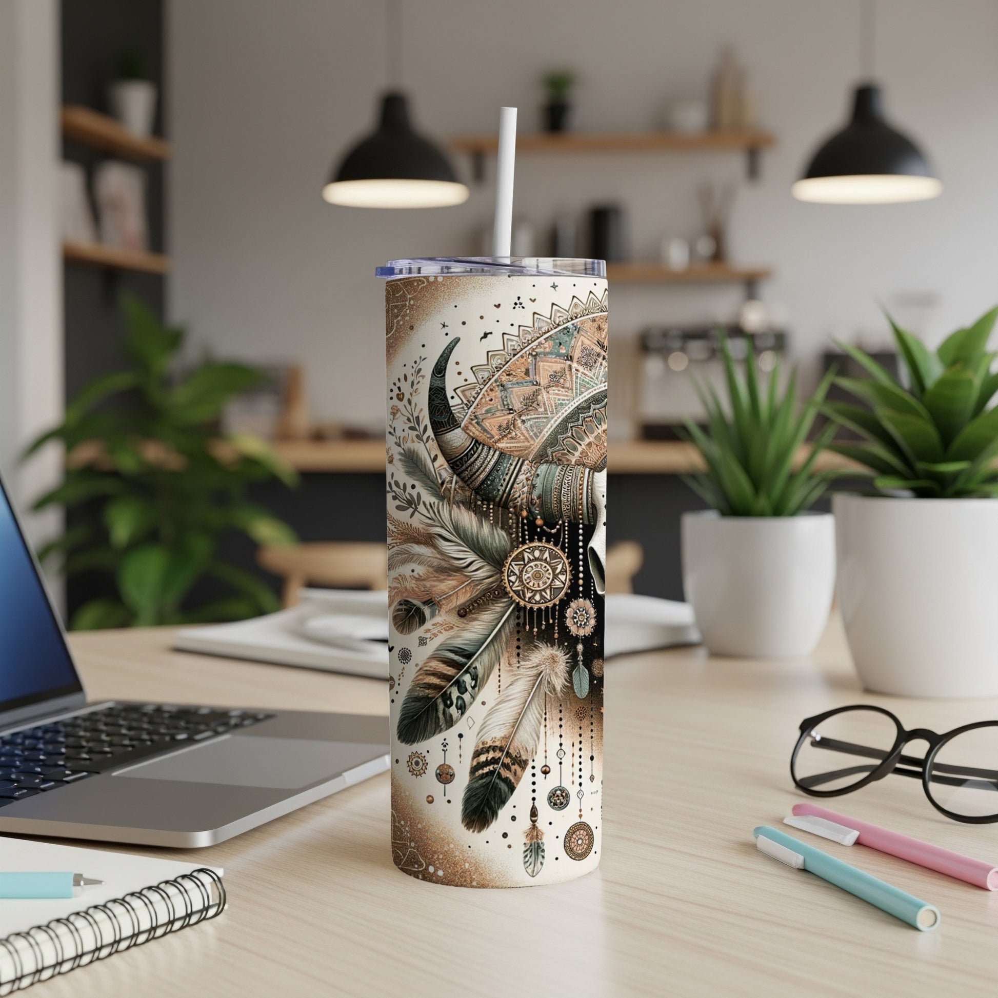 Boho-themed tumbler with feathers, dreamcatcher, and bull skull design.