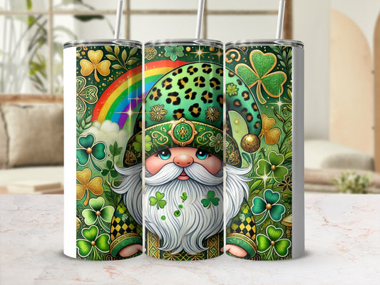 St. Patrick's Day gnome with rainbow, shamrocks, and leopard print hat.