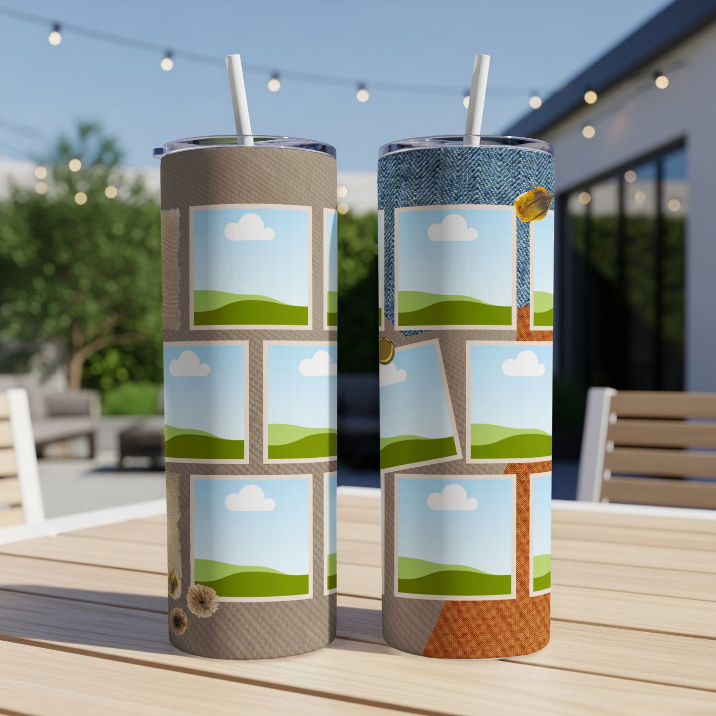 Two tumblers with photo frame designs, one tan and one denim textured.