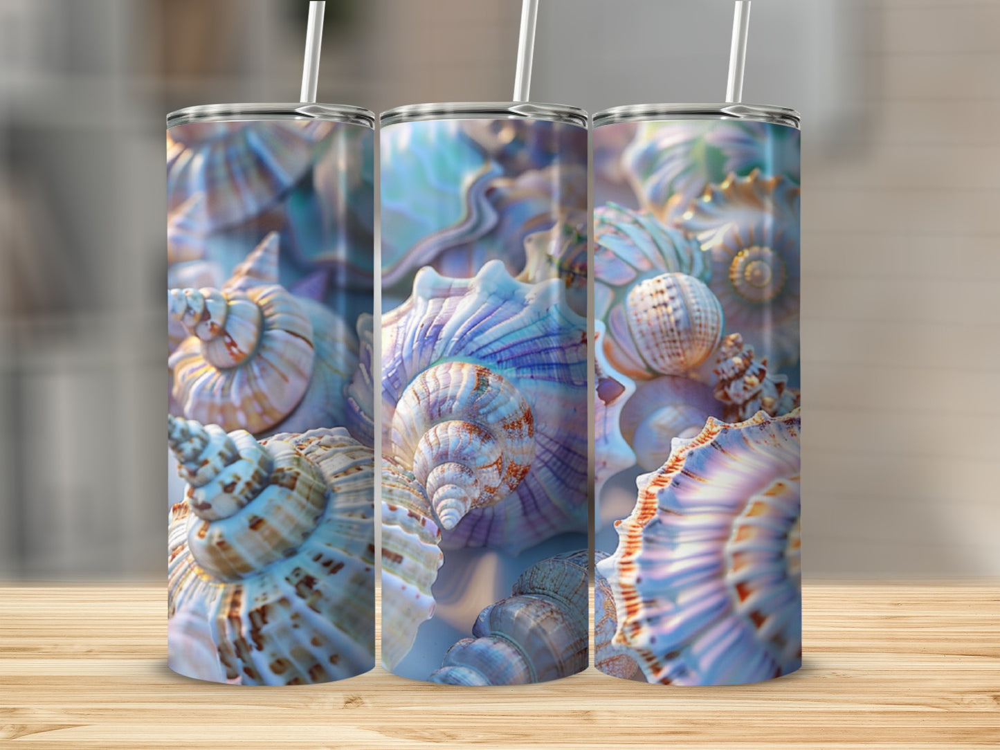 Three tumblers with a close-up of colorful seashells.