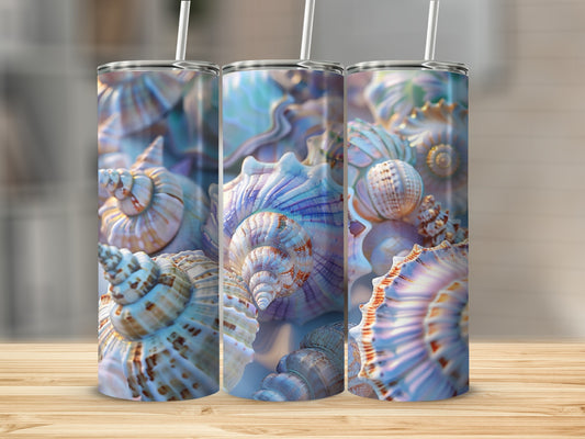 Three tumblers with a close-up of colorful seashells.