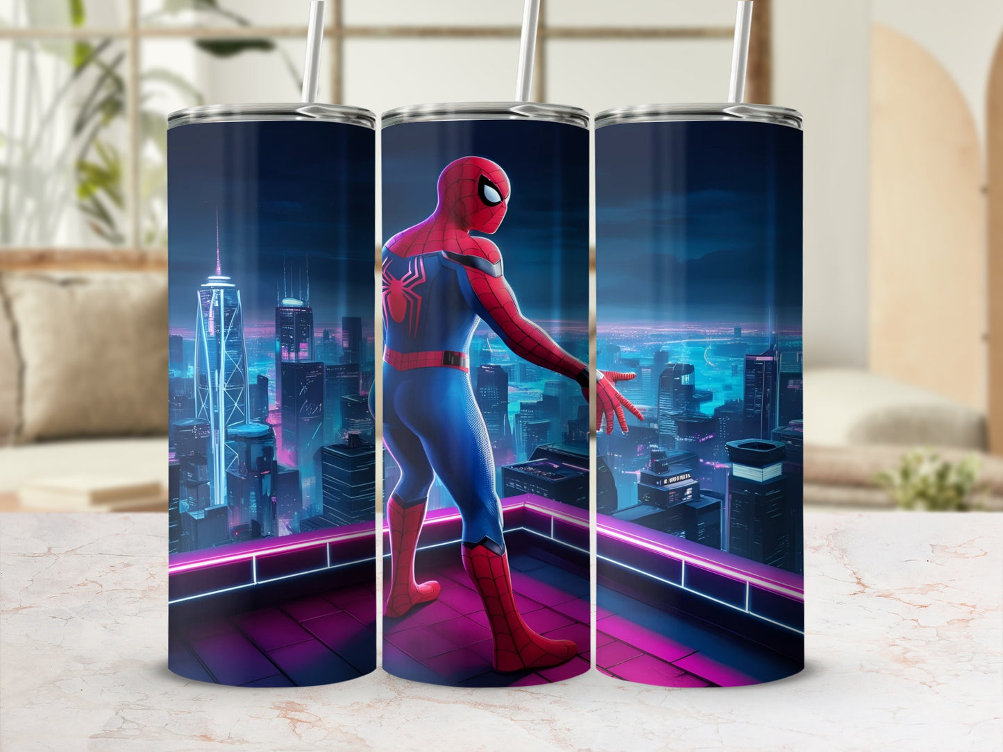 Spiderman standing on a rooftop overlooking a neon city skyline.