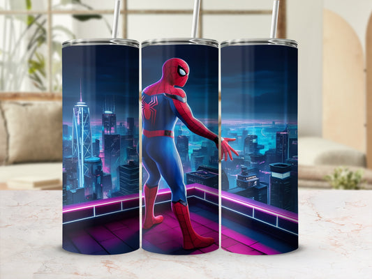 Spiderman standing on a rooftop overlooking a neon city skyline.