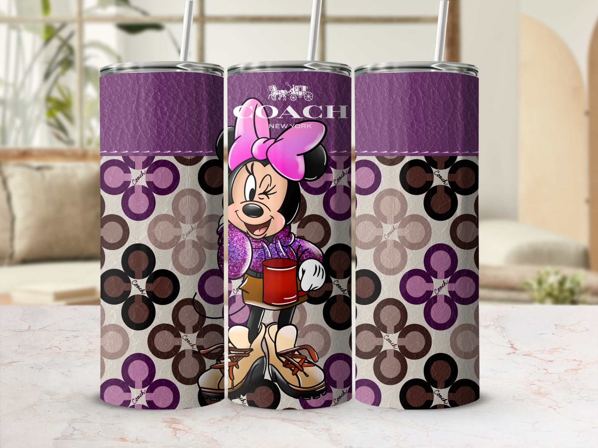 Three tumblers featuring Minnie Mouse, Coach logo and pattern.
