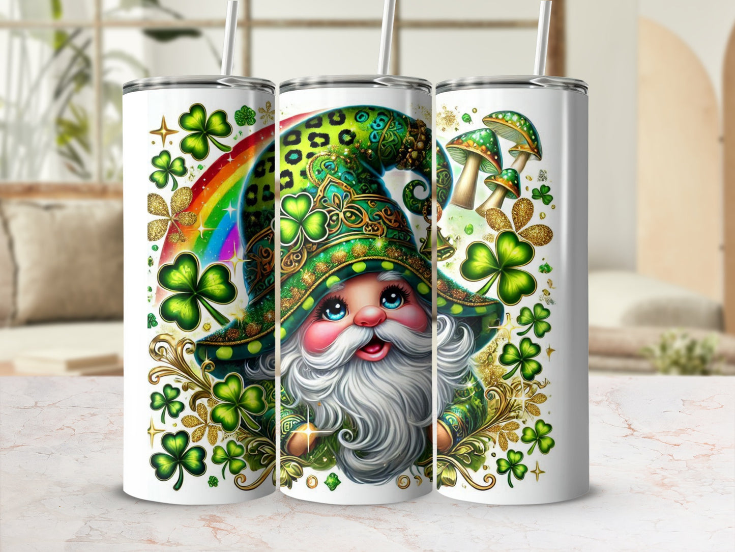 Gnome with rainbow and shamrocks on a white tumbler.